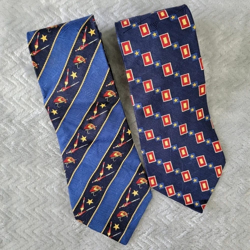 Pair Of Tommy Hilfiger Men’s Ties 100% Italian Silk Navy Gold Red Lures Stars